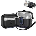 For AirPods Pro 2 One-piece Holder Wireless Earphones Case with Lanyard(Black Dark Blue)