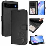 For Google Pixel 6a Litter Panda Embossing RFID Leather Phone Case with Lanyard(Black)