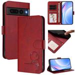 For Google Pixel 7 Pro Litter Panda Embossing RFID Leather Phone Case with Lanyard(Wine Red)