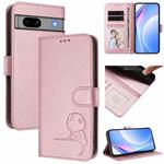For Google Pixel 7a Litter Panda Embossing RFID Leather Phone Case with Lanyard(Pink)