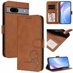 For Google Pixel 7a Litter Panda Embossing RFID Leather Phone Case with Lanyard(Brown)