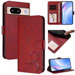 For Google Pixel 8 Litter Panda Embossing RFID Leather Phone Case with Lanyard(Wine Red)