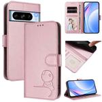 For Google Pixel 8 Pro Litter Panda Embossing RFID Leather Phone Case with Lanyard(Pink)