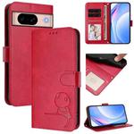 For Google Pixel 8a Litter Panda Embossing RFID Leather Phone Case with Lanyard(Rose Red)