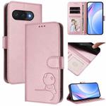 For Google Pixel 9a Litter Panda Embossing RFID Leather Phone Case with Lanyard(Pink)