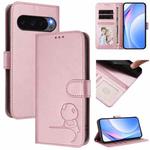 For Google Pixel 9 / 9 Pro Litter Panda Embossing RFID Leather Phone Case with Lanyard(Pink)