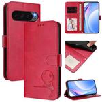 For Google Pixel 10 Pro XL / 9 Pro XL Litter Panda Embossing RFID Leather Phone Case with Lanyard(Rose Red)
