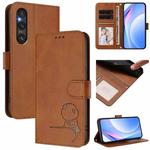 For Sony Xperia 1 V Litter Panda Embossing RFID Leather Phone Case with Lanyard(Brown)