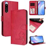 For Sony Xperia 5 IV Litter Panda Embossing RFID Leather Phone Case with Lanyard(Rose Red)
