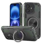 For iPhone 16 Three-core Mecha 360 Degree Rotation Magnetic Holder Phone Case(Army Green)