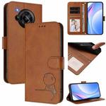For Sharp Aquos R7 SH-52C Litter Panda Embossing RFID Leather Phone Case with Lanyard(Brown)