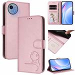 For Sharp Aquos wish5 Litter Panda Embossing RFID Leather Phone Case with Lanyard(Pink)