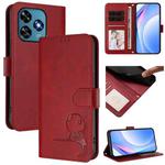 For Oukitel C51 Litter Panda Embossing RFID Leather Phone Case with Lanyard(Wine Red)
