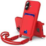 For iPhone 16 Integrated Card Bag Solid Color Liquid Silicone Phone Case Gen2 with Short Lanyard(Red)