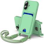 For iPhone 16 Integrated Card Bag Solid Color Liquid Silicone Phone Case Gen2 with Short Lanyard(Green)