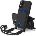 For iPhone 16 Integrated Card Bag Solid Color Liquid Silicone Phone Case Gen2 with Short Lanyard(Black)