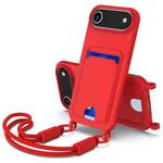 For iPhone 17 Air Integrated Card Bag Solid Color Liquid Silicone Phone Case Gen2 with Short Lanyard(Red)