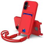 For iPhone 17 Integrated Card Bag Solid Color Liquid Silicone Phone Case Gen2 with Short Lanyard(Red)