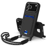 For iPhone 17 Pro Max Integrated Card Bag Solid Color Liquid Silicone Phone Case Gen2 with Short Lanyard(Black)