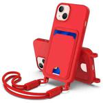 For iPhone 15 Plus / 14 Plus Integrated Card Bag Solid Color Liquid Silicone Phone Case Gen2 with Short Lanyard(Red)