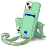 For iPhone 15 Plus / 14 Plus Integrated Card Bag Solid Color Liquid Silicone Phone Case Gen2 with Short Lanyard(Green)