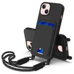 For iPhone 15 Plus / 14 Plus Integrated Card Bag Solid Color Liquid Silicone Phone Case Gen2 with Short Lanyard(Black)