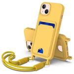 For iPhone 15 Plus / 14 Plus Integrated Card Bag Solid Color Liquid Silicone Phone Case Gen2 with Short Lanyard(Yellow)