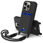 For iPhone 13 Pro Integrated Card Bag Solid Color Liquid Silicone Phone Case Gen2 with Short Lanyard(Black)