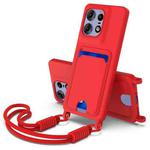 For Motorola Edge 50 Pro Integrated Card Bag Solid Color Liquid Silicone Phone Case Gen2 with Short Lanyard(Red)