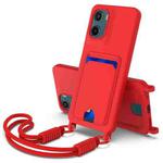 For Motorola Moto G05 / E15 4G Integrated Card Bag Solid Color Liquid Silicone Phone Case Gen2 with Short Lanyard(Red)