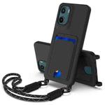 For Motorola Moto G05 / E15 4G Integrated Card Bag Solid Color Liquid Silicone Phone Case Gen2 with Short Lanyard(Black)