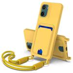 For Motorola Moto G05 / E15 4G Integrated Card Bag Solid Color Liquid Silicone Phone Case Gen2 with Short Lanyard(Yellow)