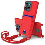 For Motorola Edge 50 Integrated Card Bag Solid Color Liquid Silicone Phone Case Gen2 with Short Lanyard(Red)