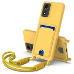 For Motorola Moto G04 / G04s / E14 Integrated Card Bag Solid Color Liquid Silicone Phone Case Gen2 with Short Lanyard(Yellow)