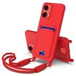 For Motorola Moto G35 5G Integrated Card Bag Solid Color Liquid Silicone Phone Case Gen2 with Short Lanyard(Red)