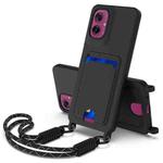 For Motorola Moto G55 5G Integrated Card Bag Solid Color Liquid Silicone Phone Case Gen2 with Short Lanyard(Black)