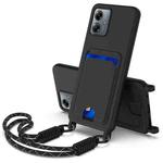 For Motorola Moto G14 4G Integrated Card Bag Solid Color Liquid Silicone Phone Case Gen2 with Short Lanyard(Black)