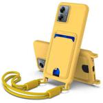 For Motorola Moto G14 4G Integrated Card Bag Solid Color Liquid Silicone Phone Case Gen2 with Short Lanyard(Yellow)