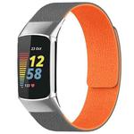 For Fitbit Charge 5 / Charge 6 xDfind Litchi Texture Magnetic Silicone Watch Band(Grey Orange)
