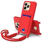 For Realme Narzo N53 / Note 50 4G Integrated Card Bag Solid Color Liquid Silicone Phone Case Gen2 with Short Lanyard(Red)