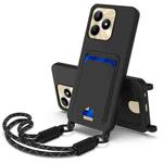 For Realme Narzo N53 / Note 50 4G Integrated Card Bag Solid Color Liquid Silicone Phone Case Gen2 with Short Lanyard(Black)