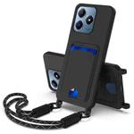 For Realme Note 60 / C63 4G / C61 4G Integrated Card Bag Solid Color Liquid Silicone Phone Case Gen2 with Short Lanyard(Black)