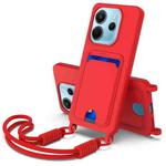 For Redmi Note 14 4G 163.25mm Integrated Card Bag Solid Color Liquid Silicone Phone Case Gen2 with Short Lanyard(Red)