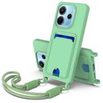 For Redmi Note 14 4G 163.25mm Integrated Card Bag Solid Color Liquid Silicone Phone Case Gen2 with Short Lanyard(Green)
