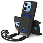 For Redmi Note 14 4G 163.25mm Integrated Card Bag Solid Color Liquid Silicone Phone Case Gen2 with Short Lanyard(Black)