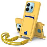 For Redmi Note 14 4G 163.25mm Integrated Card Bag Solid Color Liquid Silicone Phone Case Gen2 with Short Lanyard(Yellow)