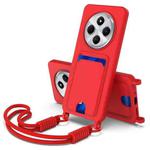For Redmi 14C 4G / 14R 5G / A4 5G Integrated Card Bag Solid Color Liquid Silicone Phone Case Gen2 with Short Lanyard(Red)