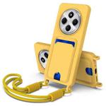 For Redmi 14C 4G / 14R 5G / A4 5G Integrated Card Bag Solid Color Liquid Silicone Phone Case Gen2 with Short Lanyard(Yellow)