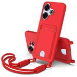 For Redmi 13 4G / 13 5G / Note 13R 5G Integrated Card Bag Solid Color Liquid Silicone Phone Case Gen2 with Short Lanyard(Red)