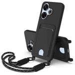 For Redmi 13 4G / 13 5G / Note 13R 5G Integrated Card Bag Solid Color Liquid Silicone Phone Case Gen2 with Short Lanyard(Black)